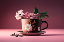 A Cup Of Coffee On A Pink Background With Flowers. Coffee Mug With Flowers And Pink Background. Generative AI