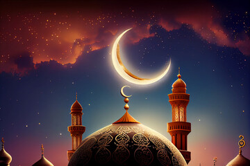 ramadan kareem background.crescent moon at a top of a mosque