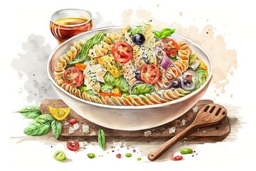 Canvas Print - Fusilli pasta salad with crisp veggies in a bowl. Generative AI