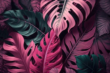  Plants leaves background with pink pattern. Generative AI