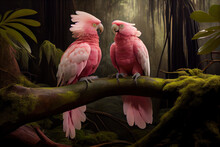 Generative AI: Pink Cockatoos In A In A Branch In The Forest