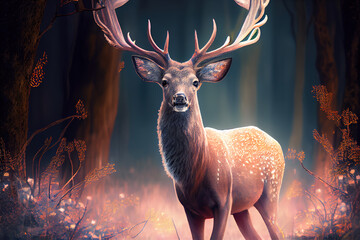 Wall Mural - Generative AI: cute pink deer in a snow forest