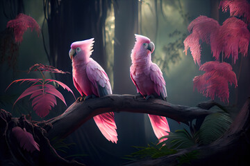 Wall Mural - Generative AI: pink cockatoos in a in a branch in the forest