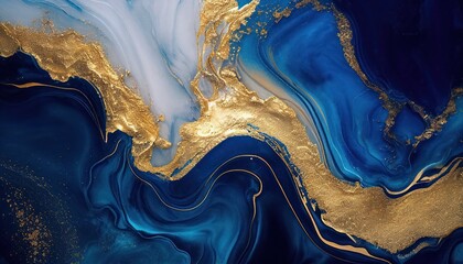 abstract blue marble texture with gold splashes, blue luxury background