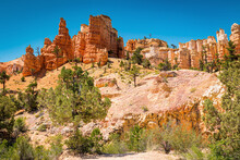 Red Rock Geological Formations Of Hoodoos And Spires In The Arid Desert Landscape Of Red Rock State Park In Utah With Desert Vegetation And Cloudless Blue Sky.