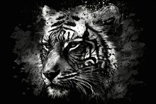A Sketch Of A Tiger's Face, Drawn In Black And White. Generative AI