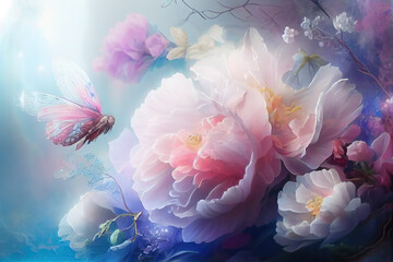 Wall Mural - Generative AI: light, ethereal, magic and fragile flowers in blue background