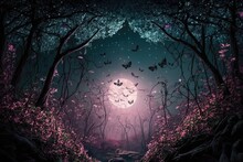 Dreamy Elf Forest With Mystical Trees, A Butterfly, And A Fungus, Amidst A Bed Of Pink Roses And The Shimmering Light Of The Moon At Night; A Fantasy Image. Generative AI
