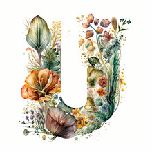 Floral Watercolour Design Letter U Created Using Generative AI Tools