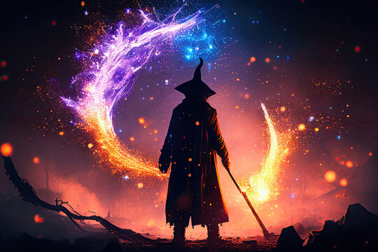 Wizard silhouette with a magic staff against abstract glowing background. Concept of magic and sorcery in fantasy world. Created with Generative AI