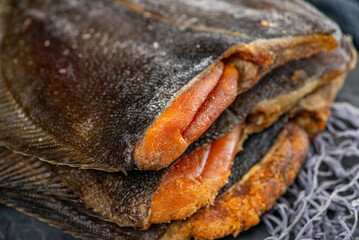 Salted dried flounder. Fish appetizer for beer