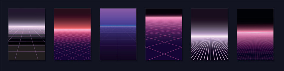 Set of bright abstract retro posters, templates, placards, brochures, banners, backgrounds, flyers - fashion design 80 - 90s. Futuristic neon grid covers with perspective - vintage digital cards.