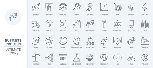 Wall Mural - Business process thin line icons set vector illustration. Outline activity of office employees for project growth, target management and marketing system, statistics charts research and career ladder