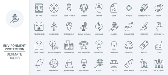 Green energy and ecology thin line icons set vector illustration. Outline environment protection and eco startup technology, recycle plant, research with microscope, global warming and urbanization