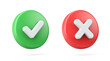 Right and wrong, acceptance and rejection concept. Round icons buttons with a check mark and cross. 3d rendering