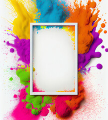 Crushed powder color frame on white background. Holi Festival of Colors in India Celebration. Frame template. Generative Ai.