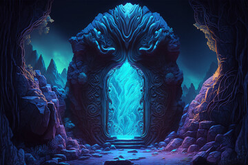 Fantasy mystical cave portal gate entrance illustration 3d render game design made by generative ai