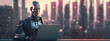 © sizsus - machine learning or artificial intelligence businessman robot working on laptop isolated on clean background banner with copy space area - Generative AI