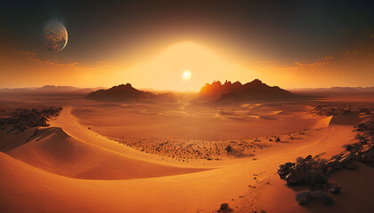 A panoramic view of a vast, barren desert landscape at sunset, with the orange sky stretching out as far as the eye can see, Rank 1 National Geographic, sunset, sky, mountain, landscape, sunrise, sun