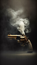 Smoking Gun In A Dramatic Scenery With A Golden Revolver Standing In A Dark Vertical Scene With A Bit Of Light Coming From Above, Lighten Up The Smoke