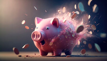 Exploding Pink Piggy Bank With A Surprised Look On Its Face While Coins Are Flying Around