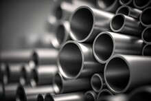 Illustration, Gray Industrial Steel Pipes With Blurred Background, Ai Generative