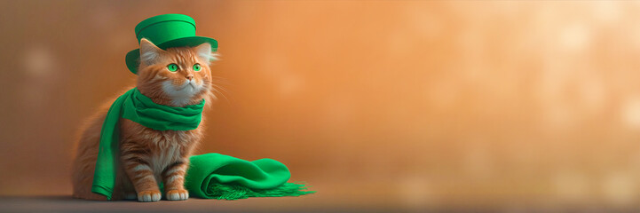 st. patrick's day cat with green hat and copy space. cute red cat in a green hat on a red background