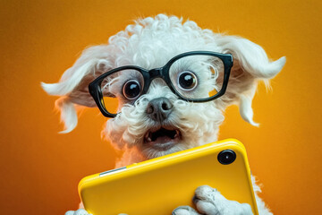 Shocked cute dog in glasses looks at screen, concept of Surprised and Amazed, created with Generative AI technology