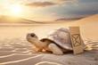 © AGSOL - Slow internet connection. The turtle is crawling in the desert next to the email sign. The concept of slow internet and downloading information over the Internet. generative AI.
