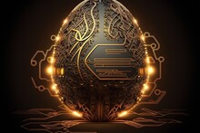 Digital Egg In Tech Futuristic Style. Greeting Card With Abstract 3d Egg With Circuit Board Texture. Glowing Vector Illustration