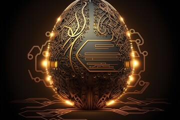 Digital egg in tech futuristic style. Greeting card with abstract 3d egg with circuit board texture. Glowing vector illustration