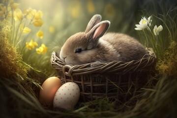 Cute little bunny sleeping in the basket and easter eggs in the meadow stock photo Easter, Rabbit - Animal, Baby Rabbit, Easter Egg, Springtime