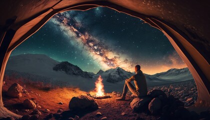 night camping in the mountains under a starry science fiction fantasy sky with the milky way, tent, 