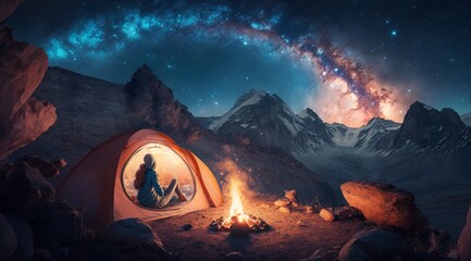 Night camping in the Mountains under a Starry Science Fiction Fantasy Sky with the Milky Way, Tent, Hiker, and Campfire. Female Camper Admiring Landscape.
