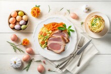Classic Easter Ham Dinner. Above View Frame On A White Wood Background With Copy Space. Stock Photo Easter, Food, Table, Dinner, Meal