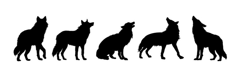 set of wolf silhouettes. wolf silhouette isolated.