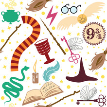 Magic Items Seamless Pattern In Flat Style. Pumpkin, Key, Magic Ball, Feather, Spider, Purple Hat, Broom, Skull, Snake