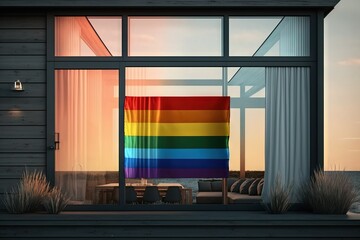 Wall Mural - Concept of diversity. Rainbow LGBT Pride flag in the window of moder residential building