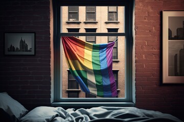 Concept of diversity. Rainbow LGBT Pride flag in the window of moder residential building