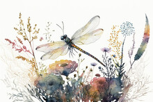 Beautiful Dragonfly Watercolor Illustration Made With Generative AI