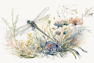 Beautiful dragonfly watercolor illustration made with Generative AI