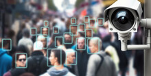 A Surveillance Camera In A Busy Street Using Facial Recognition Technology To Monitor The Population. Generative AI Illustration