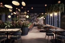 Luxurious Restaurant Interior With Tables, Chairs, Lights, And Plants. Photo Generative AI