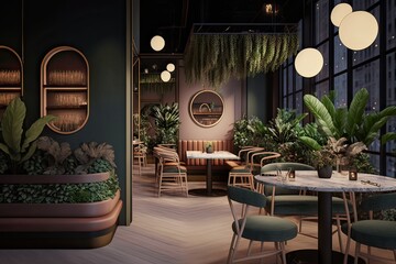 luxurious restaurant interior with tables, chairs, lights, and plants. photo generative ai