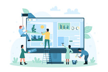 Web Design Vector Illustration. Cartoon Tiny People Create Digital Interface Of Homepage, UI And UX Designers Work Online With Website Editor Application On Screen, Characters Edit Data And Content