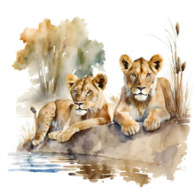 Lions Resting By A Pond