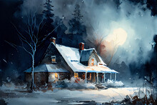 Country Cozy House Near The Forest On A Winter Moonlit Night. Watercolor Landscape. Generative AI.