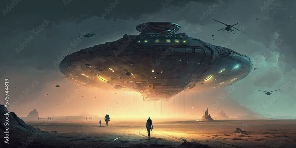 generative ai illustration, landing of an alien ship on a planet Stock ...