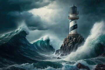 A solitary lighthouse standing tall on a rocky cliff, with crashing waves and stormy skies in the background, giving a sense of rugged beauty and isolation, National geographic, sea, ocean, storm, 