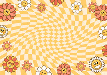 Retro Flower Power Banner With Copy Space For Text. Groovy Funny Daisy Flowers  On Yellow Checkered Background. Trendy Hippie 70s Style. Vector Illustration For Textile, Poster Design.